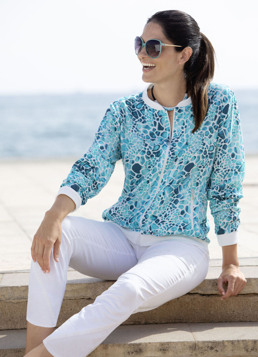 Langarm - Blusenjacke mit Rippenstrick Langarm - Blusenjacke mit Rippenstrick, in Größe 036 bis 052, in Farbe TÜRKIS-WEISS-AQUA-BUNT