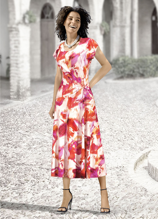 Kurzarm - Kleid mit raffinierter Knotentechnik Kurzarm - Kleid mit raffinierter Knotentechnik, in Größe 019 bis 054, in Farbe KORALLE-PINK-ECRU-BUNT