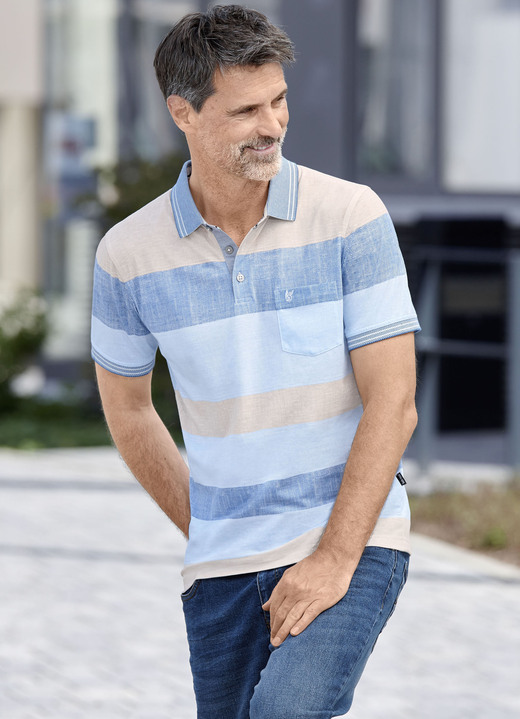 Shirts - Poloshirt von „Hajo“, in Größe 046 bis 062, in Farbe BEIGE-JEANSBLAU-HELLBLAU Ansicht 1