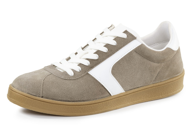 Slipper & Schnürschuhe - Sneaker aus Veloursleder mit Nappa-Besätzen und gepolstertem Schaftrand Slipper & Schnürschuhe - Sneaker aus Veloursleder mit Nappa-Besätzen und gepolstertem Schaftrand, in Größe 040 bis 046, in Farbe TAUPE
