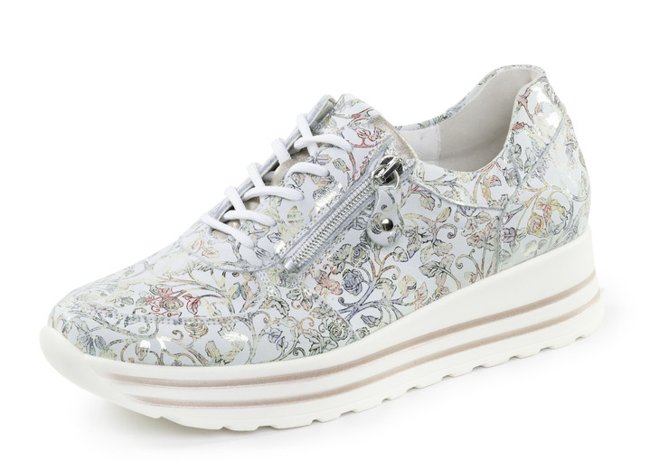 Weite H - Waldläufer Sneaker aus floral bedrucktem Nubukleder, in Größe 3 1/2 bis 8, in Farbe EISBLAU-BUNT Ansicht 1
