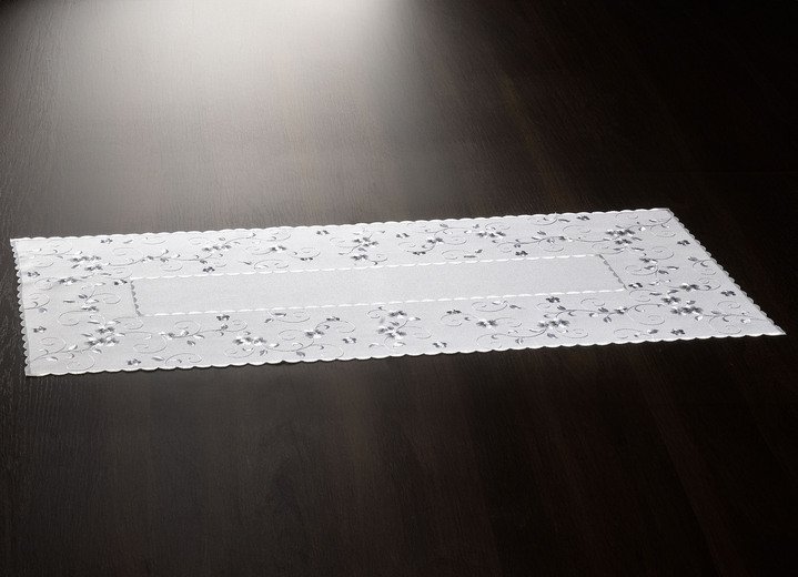 Wohnaccessoires - Bestickte Tisch- und Raumdekoration mit Blümchen-Bordüre, in Größe 140 (Läufer, 40/ 90 cm) bis 404 (Kissenbezug, 40/ 40 cm), in Farbe WOLLWEISS-GRAU Ansicht 1