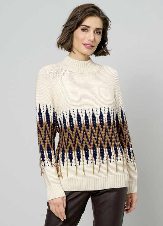 Langarm - Pullover in Biesenstrick, in Größe 038 bis 052, in Farbe NATUR-BRAUN-MARINE Ansicht 1