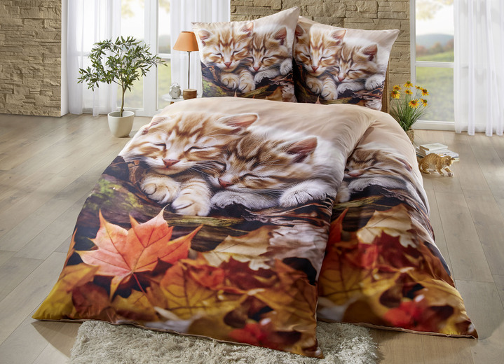 Bettwäschegarnituren - Bettwäsche-Garnitur mit Kätzchen im Herbstlaub-Motiv, in Farbe MULTICOLOR Ansicht 1