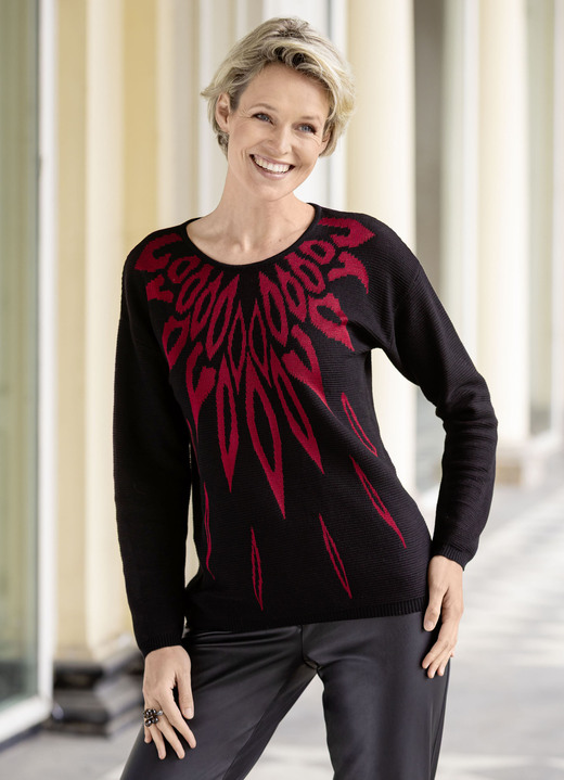 Langarm - Pullover mit edel glänzendem Jacquard Langarm - Pullover mit edel glänzendem Jacquard, in Größe L(44/46) bis XXL(52/54), in Farbe SCHWARZ-ROT