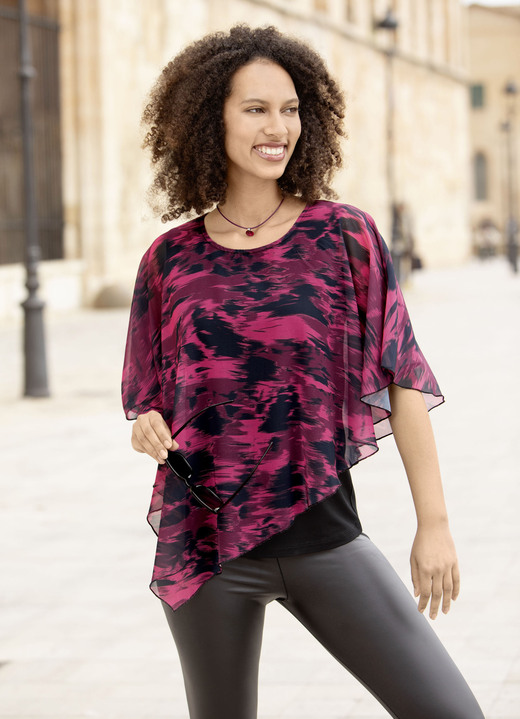 Kurzarm - Poncho-Tunika mit eingearbeitetem Top, in Größe 036 bis 054, in Farbe SCHWARZ-BEERE-ROT Ansicht 1