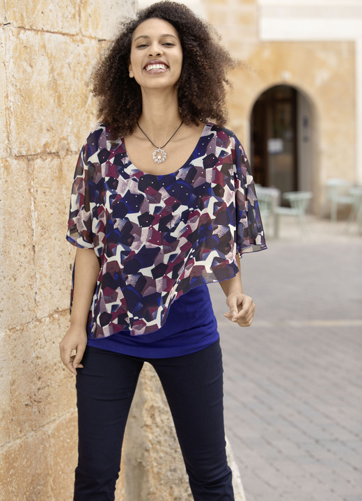Kurzarm - Poncho-Tunika mit tollem Druck, in Größe 036 bis 054, in Farbe ROYALBLAU-MARINE-BORDEAUX-BUNT Ansicht 1