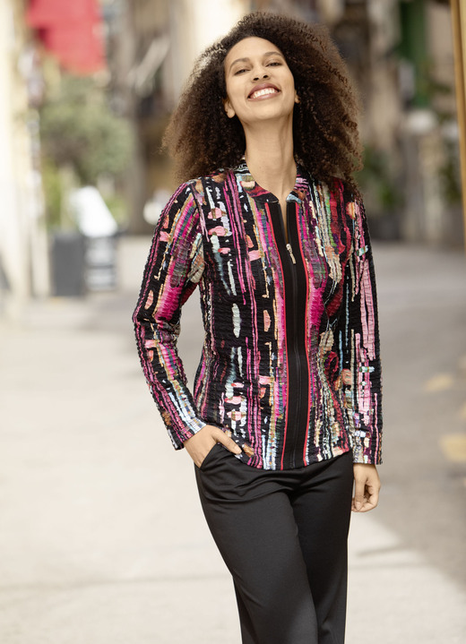 Langarm - Blusenjacke mit Eingriffstaschen Langarm - Blusenjacke mit Eingriffstaschen, in Größe 036 bis 052, in Farbe SCHWARZ-FUCHSIA-ROT-BUNT