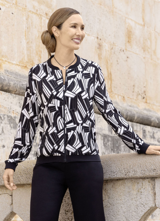 Langarm - Blusenjacke mit schwarzen Rippenbündchen Langarm - Blusenjacke mit schwarzen Rippenbündchen, in Größe 036 bis 052, in Farbe SCHWARZ-WEISS-GRAU