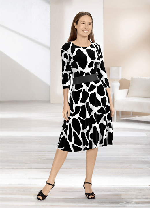 Kurzarm - Kleid mit breitem Kunstleder-Einsatz Kurzarm - Kleid mit breitem Kunstleder-Einsatz, in Größe 019 bis 054, in Farbe SCHWARZ-WEISS