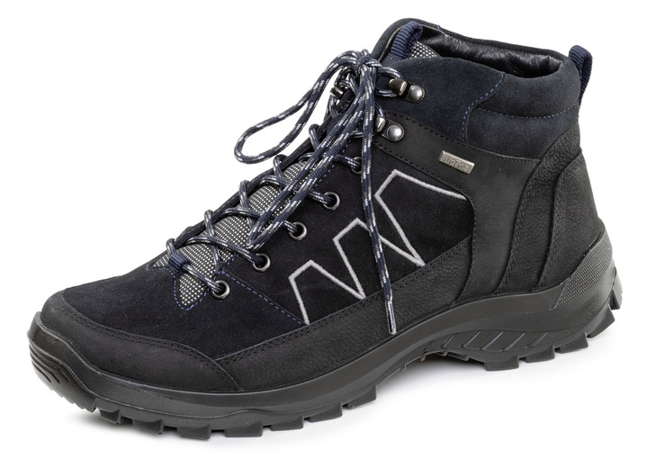 Stiefeletten - Atmungsaktive Herren-Boots, Weite K, mit herausnehmbarem Fußbett Stiefeletten - Atmungsaktive Herren-Boots, Weite K, mit herausnehmbarem Fußbett, in Größe 040 bis 047, in Farbe SCHWARZ-NACHTBLAU