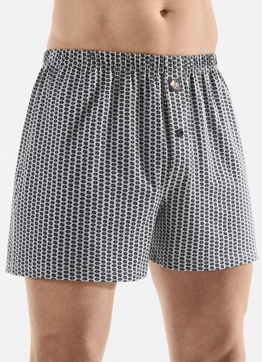 Unterhosen - Fünferpack Boxershorts mit Alloverdessin Unterhosen - Fünferpack Boxershorts mit Alloverdessin, in Größe 005 bis 016, in Farbe 3X GRAU-SCHWARZ, 2X INDIGOBLAU-SCHWARZ
