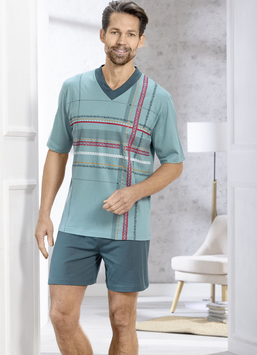 Shortys - Shorty mit V-Ausschnitt und Druckmotiv Shortys - Shorty mit V-Ausschnitt und Druckmotiv, in Größe 046 bis 062, in Farbe PETROL-BUNT