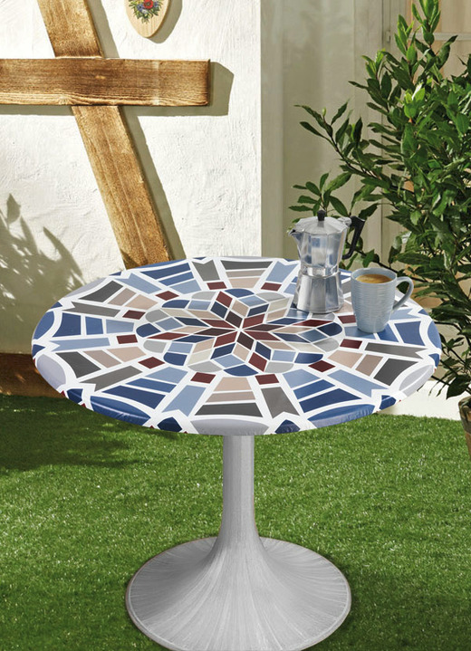 Tischdecken - Spann-Tischdecke mit Mosaik-Dessin, in Größe 150 (ø 70–86 cm) bis 190 (ø 85–105 cm), in Farbe BLAU Ansicht 1