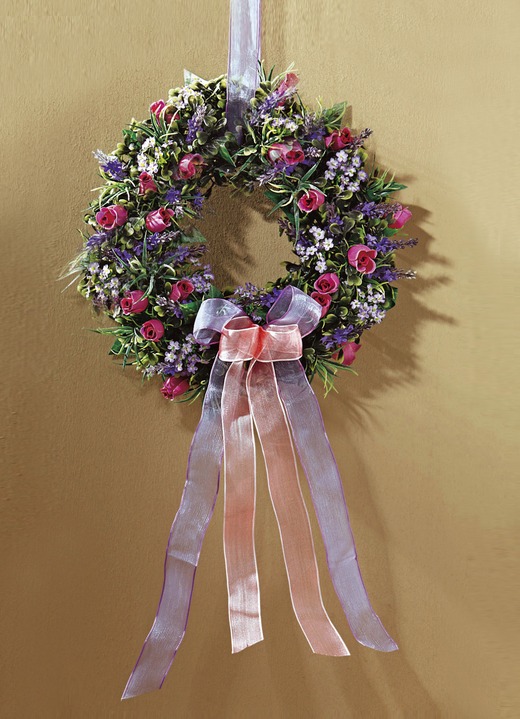 Wohnaccessoires - Wandkranz mit Rosen, Vergissmeinnicht und Lavendel, in Farbe