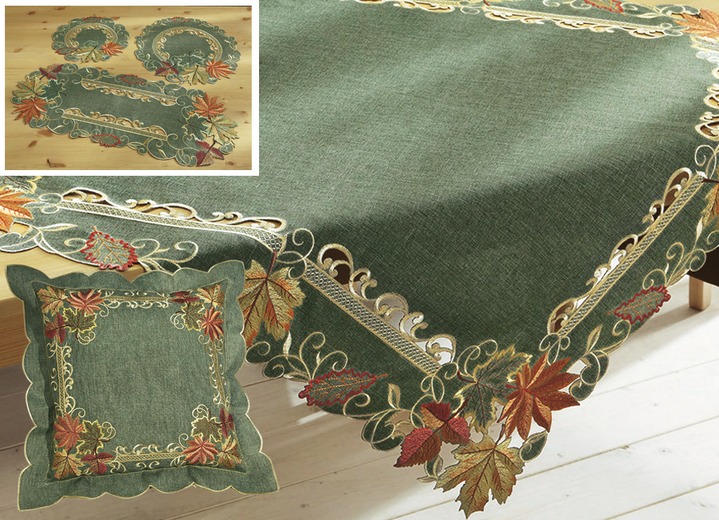 Wohnaccessoires - Tisch- und Raumdekoration mit Herbstlaub-Stickereien, in Größe 101 (Läufer oval, 30x 70 cm) bis 404 (Kissenhülle, 40x 40 cm), in Farbe GRÜN