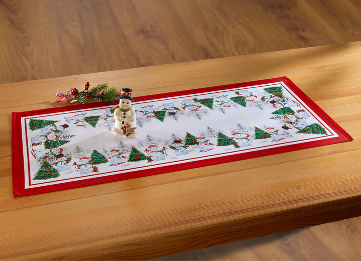 Tischdecken - Tischdecke mit Schneemann-Druckmotiven, in Größe 102 (Läufer, 40x 90 cm) bis 190 (Tischdecke, 110x110 cm), in Farbe BUNT Ansicht 1