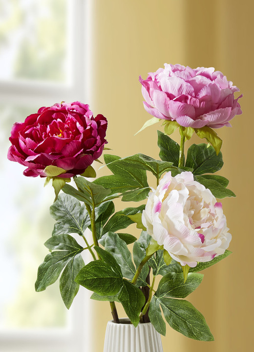 Wohnaccessoires - Päonien-Blumen aus hochwertigem Kunst- und Textilmaterial im 3er-Set, in Farbe WEISS-ROSA-LILA