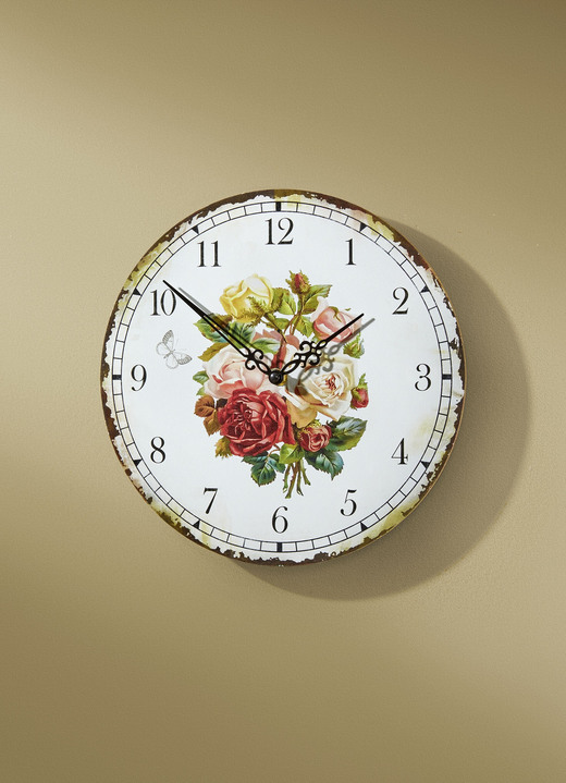 Wohnaccessoires - Wanduhr mit romantischem Rosen-Motiv, in Farbe BUNT