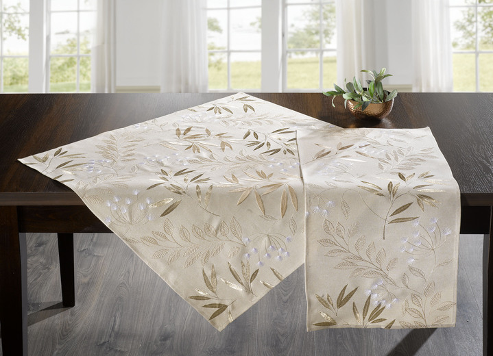 Wohnaccessoires - Bestickte Tisch- und Raumdekoration mit Gräser- und Blätter-Dessin, in Größe 130 (2 Deckchen, 35x 50 cm) bis 404 (Kissenbezug, 40x 40 cm), in Farbe BEIGE Ansicht 1