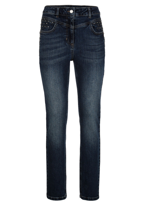 Hosen mit Knopf- und Reißverschluss - Jeans mit Glitzersteinchen und Ziernähten, in Größe 019 bis 052, in Farbe BLAU Ansicht 1