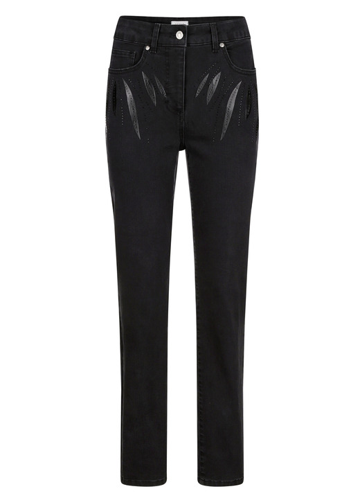- Jeans mit tollen Applikationen und Glitzersteinchen - Jeans mit tollen Applikationen und Glitzersteinchen, in Größe 019 bis 052, in Farbe SCHWARZ