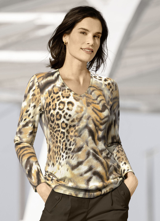 Langarm - Pullover in Feinstrick, in Größe 038 bis 054, in Farbe BRAUN-ORANGE-CREME Ansicht 1