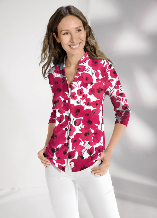 3/4-Arm - Floral dessinierte Shirtbluse , in Größe 036 bis 052, in Farbe ROT-WEISS-BUNT