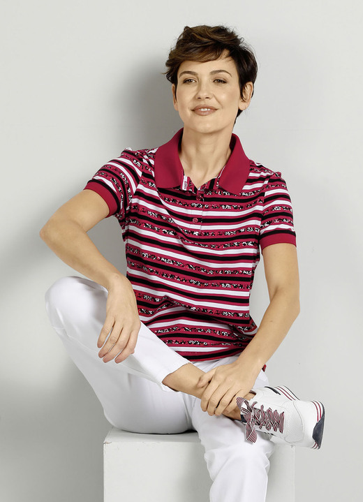 Kurzarm - Poloshirt mit gestreiftem Allover-Dessin, in Größe 042 bis 052, in Farbe ROT-SCHWARZ-WEISS Ansicht 1