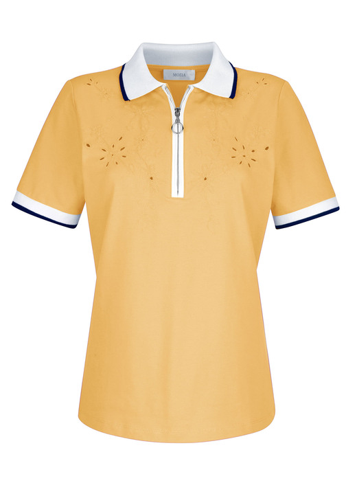 Kurzarm - Poloshirt mit Cut-Outs in 2 Farben, in Größe 038 bis 052, in Farbe GELB Ansicht 1