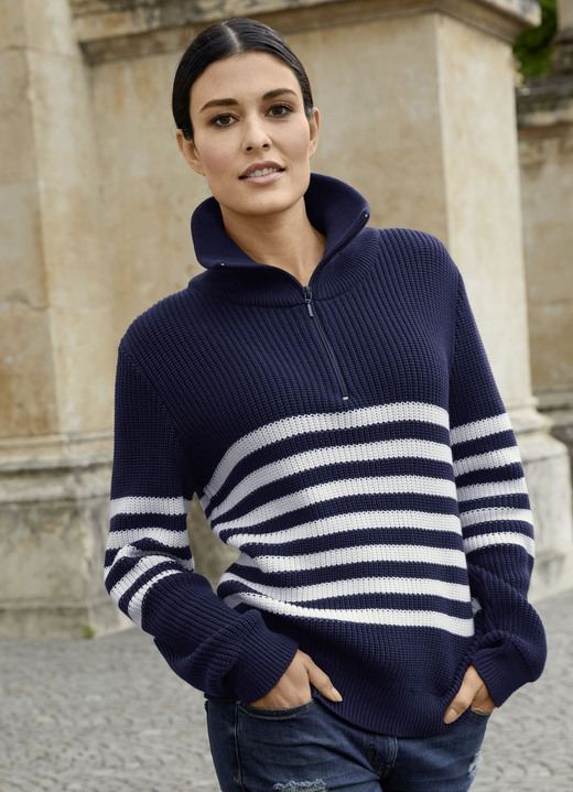 Langarm - Pullover in Perlfang Langarm - Pullover in Perlfang, in Größe 038 bis 052, in Farbe MARINE-ECRU
