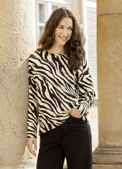 Langarm - Shirt mit Plättzchenzier im Vorderteil, in Größe 036 bis 052, in Farbe SCHWARZ-BEIGE Ansicht 1