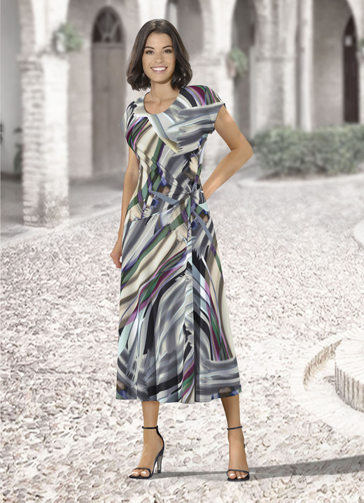 Kurzarm - Kleid mit raffinierter Knotentechnik, in Größe 019 bis 054, in Farbe OLIV-SAND-AUBERGINE-BUNT