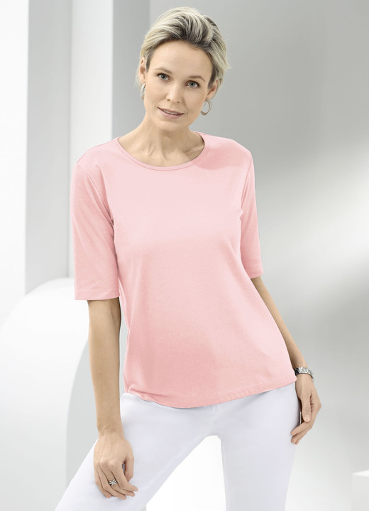 Kurzarm - Shirt mit rundem Halsausschnitt in 10 Farben, in Größe 036 bis 052, in Farbe ROSÉ Ansicht 1