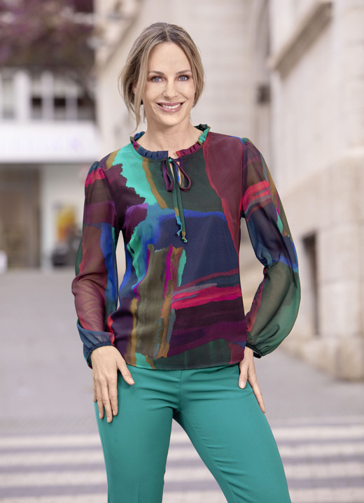 Langarm - Tunika mit Rüschenkragen, in Größe 036 bis 052, in Farbe BORDEAUX-GRÜN-BLAU-BUNT Ansicht 1