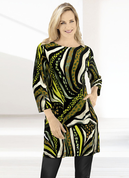 3/4-Arm - Longshirt mit modisch flachem Halsausschnitt , in Größe 040 bis 056, in Farbe SCHWARZ-KHAKI-LIMONE