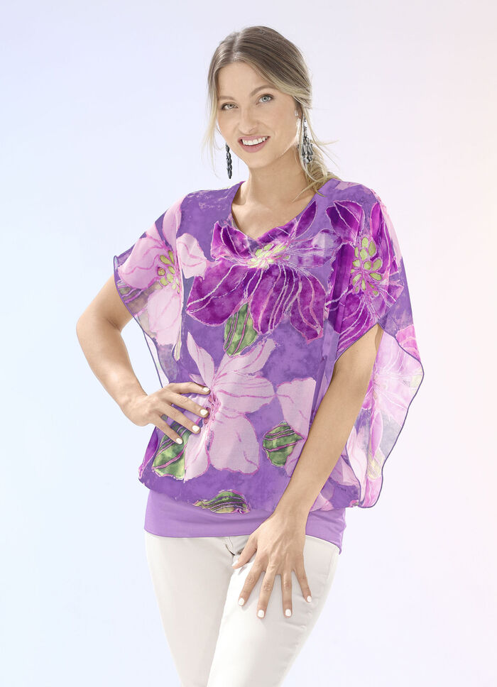 Shirtbluse mit Chiffon-Überwurf in 2 Farben FLIEDER-AUBERGINE-BEIGE