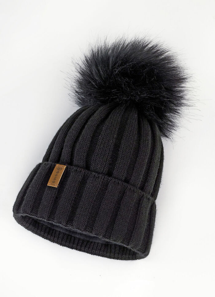 Trendige Damen-Mütze mit breitem Umschlag und Kunstfell-Bommel SCHWARZ