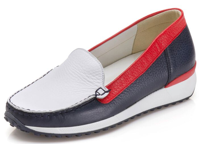 Waldl&auml;ufer, klassische Damen-Slipper, Weite H, mit herausnehmbarem Fu&szlig;bett BLAU-WEISS-ROT