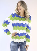 Pullover mit Zackenringeln ECRU-JEANSBLAU-LIMETTE