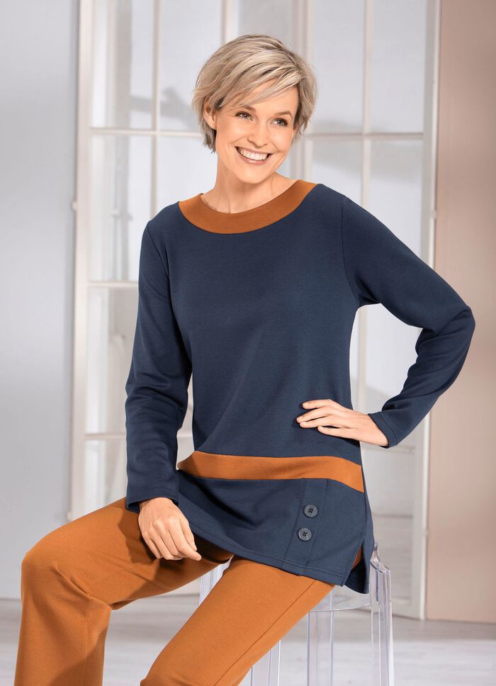 Sweatshirt mit Kontrastblende in 2 Farben MARINE-CAMEL