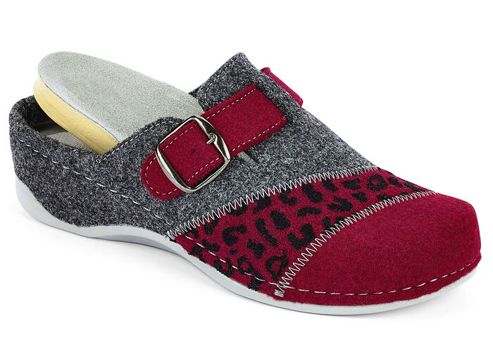 Mubb, klassische Damen-Hausschuhe, Weite H, mit herausnehmbarem Fußbett GRANATROT-ANTHRAZIT