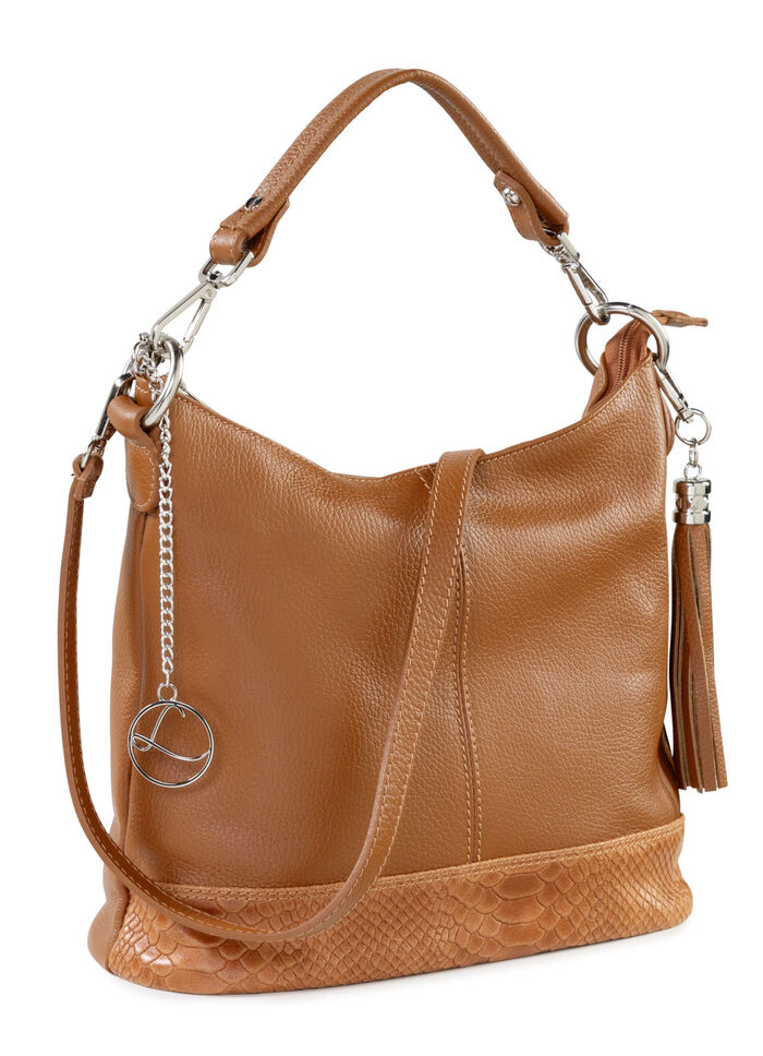 Laurina Kalbleder-Tasche mit reptilgeprägtem Besatz COGNAC