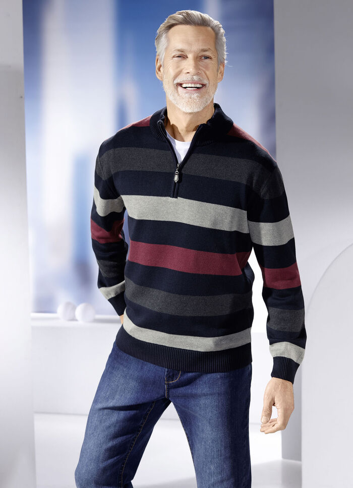 Gestreifter Troyer mit Stehkragen in 2 Farben MARINE-GRAU-BORDEAUX