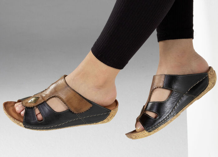 Gemini, bequeme Damen-Pantoletten, Weite G, mit Klettverschluss SCHWARZ-COGNAC