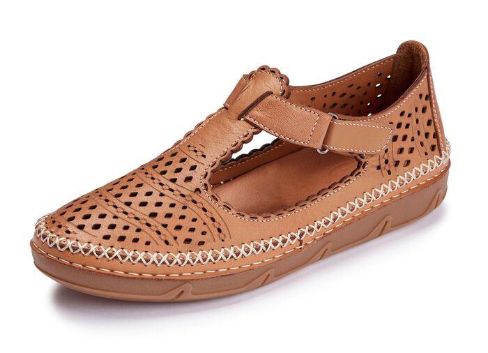ELENA EDEN, sommerliche Damen-Slipper, Weite H, mit Klettverschluss COGNAC