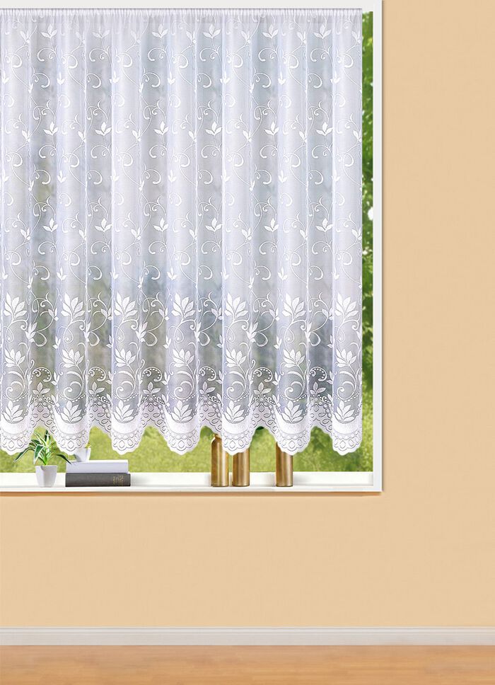 Filigraner Blumenfenster-Store mit gebogten Abschl&uuml;ssen 