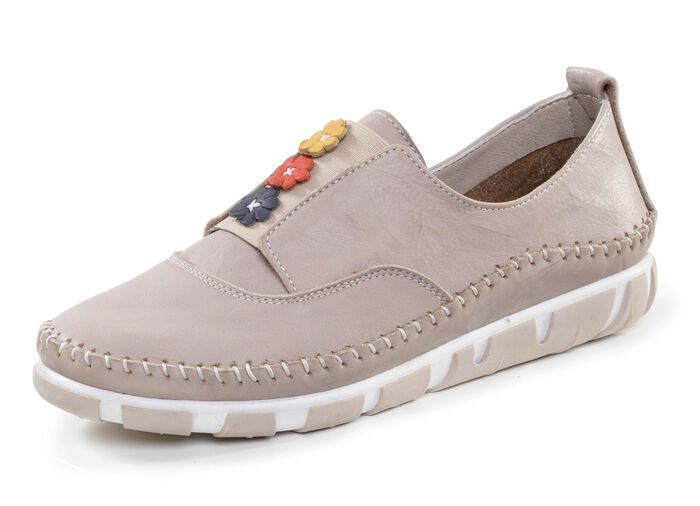 Gemini Slipper mit dezenter Knitter-Struktur und bunten Leder-Bl&uuml;ten 