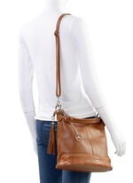 Laurina Kalbleder-Tasche mit reptilgeprägtem Besatz COGNAC