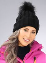 Trendige Damen-M&uuml;tze mit breitem Umschlag und Kunstfell-Bommel SCHWARZ